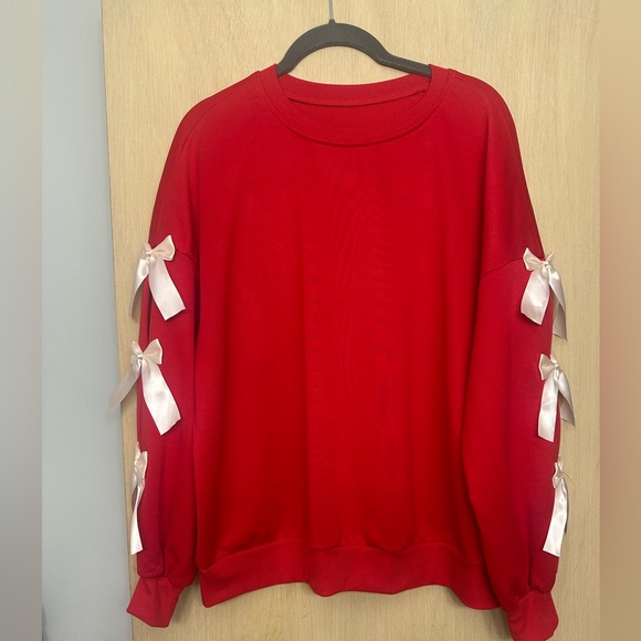 Krush Kandy Boutique Tops - Krush Kandy Boutique Red Bow Sleeve Sweatshirt - Satin Ribbon Detail - Medium